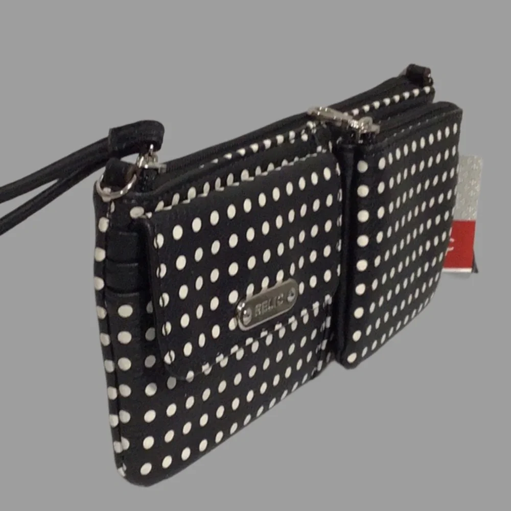 NEW RELIC by Fossil Evie Wristlet Crossbody Clutch Black and White Polka Dots - Picture 5 of 10